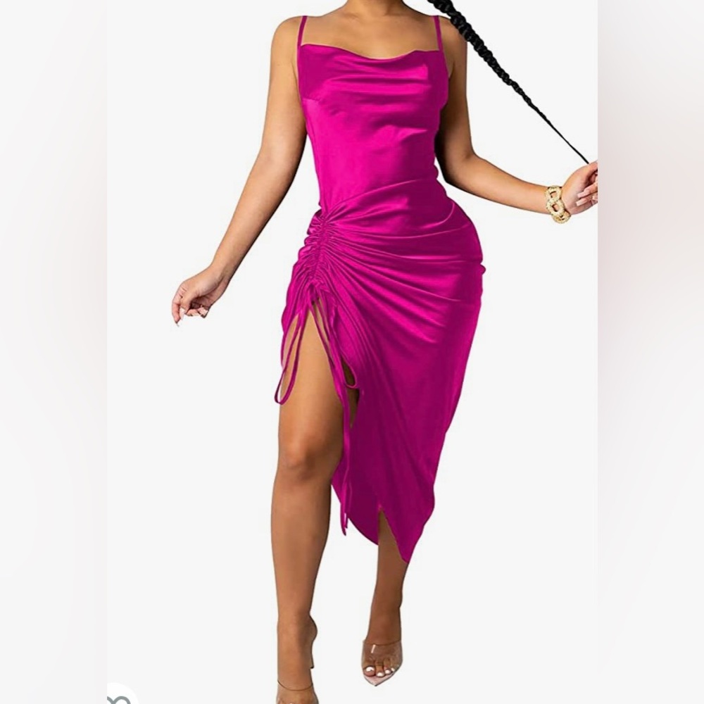 Fuchsia, pink drawstring, adjustable, slip dress, size XL